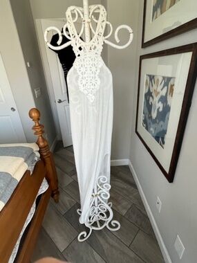 Jen’s Pirate Booty White Gauze & Crochet Halter Maxi Dress Sz SP Boho Festival